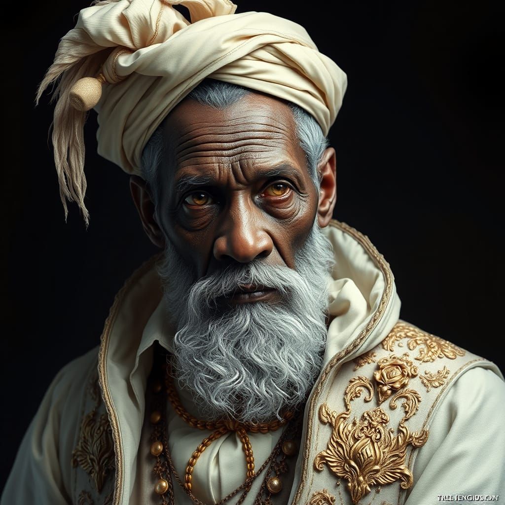 Elderly Mystic in 19th Century Attire with Amber Eyes