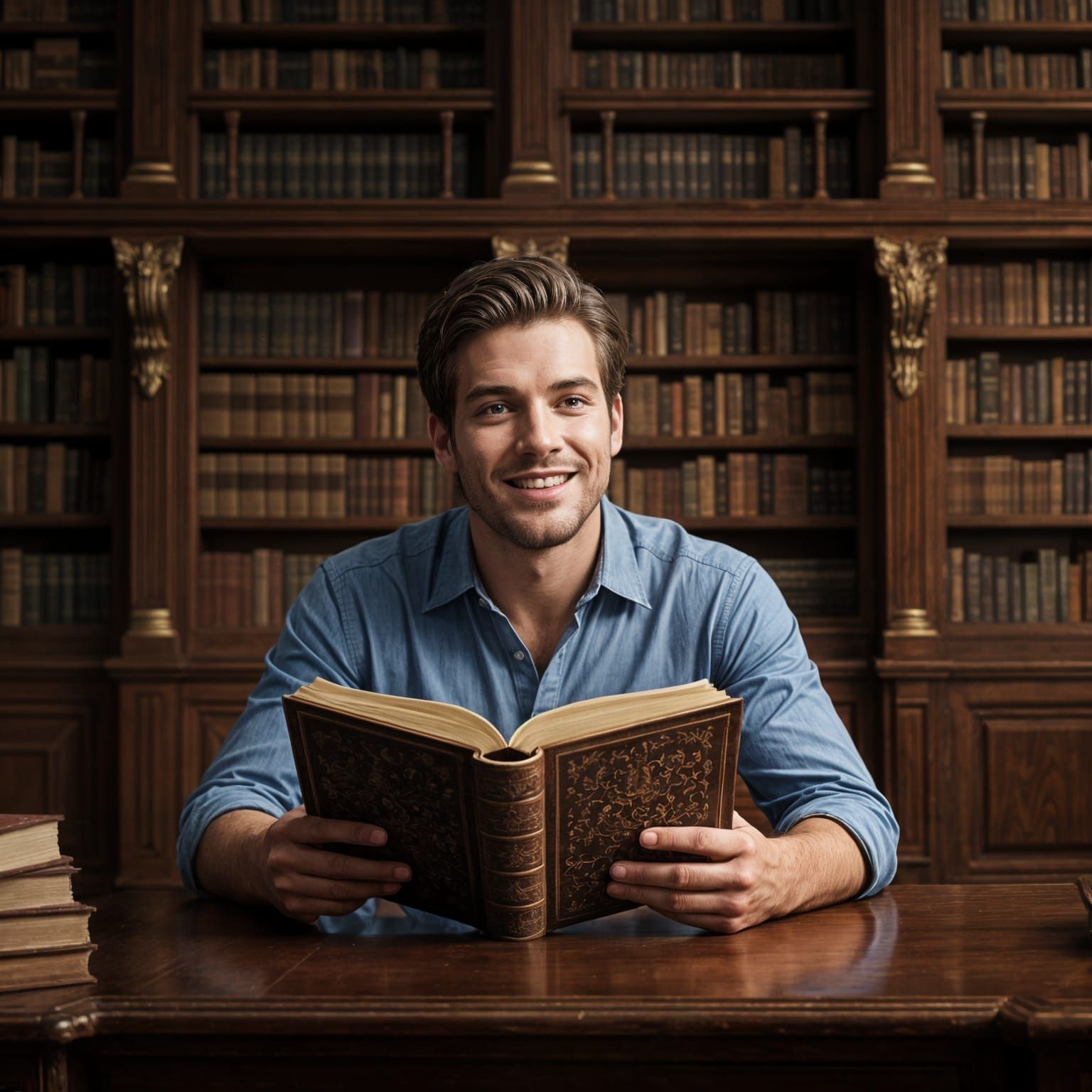 Handsome Man Smiling in Hyperrealistic Library