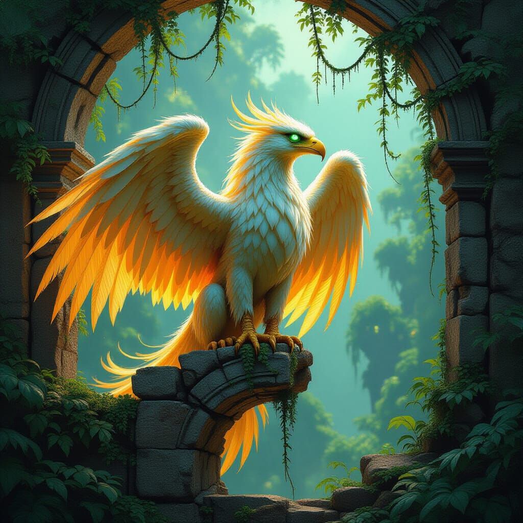 Golden Griffin Perched on Stone Archway