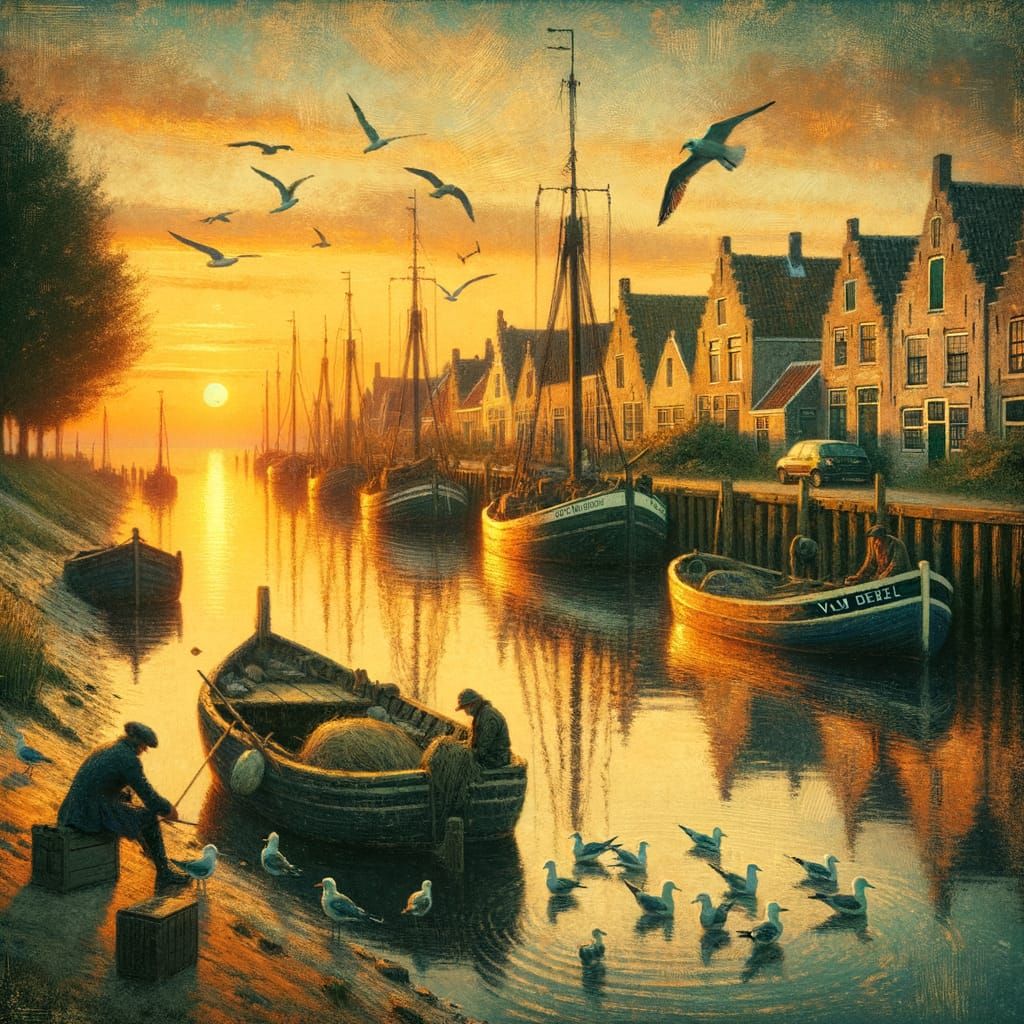 Dutch Village Sunset Over Stone Harbor | 1800s Grungy Impast...