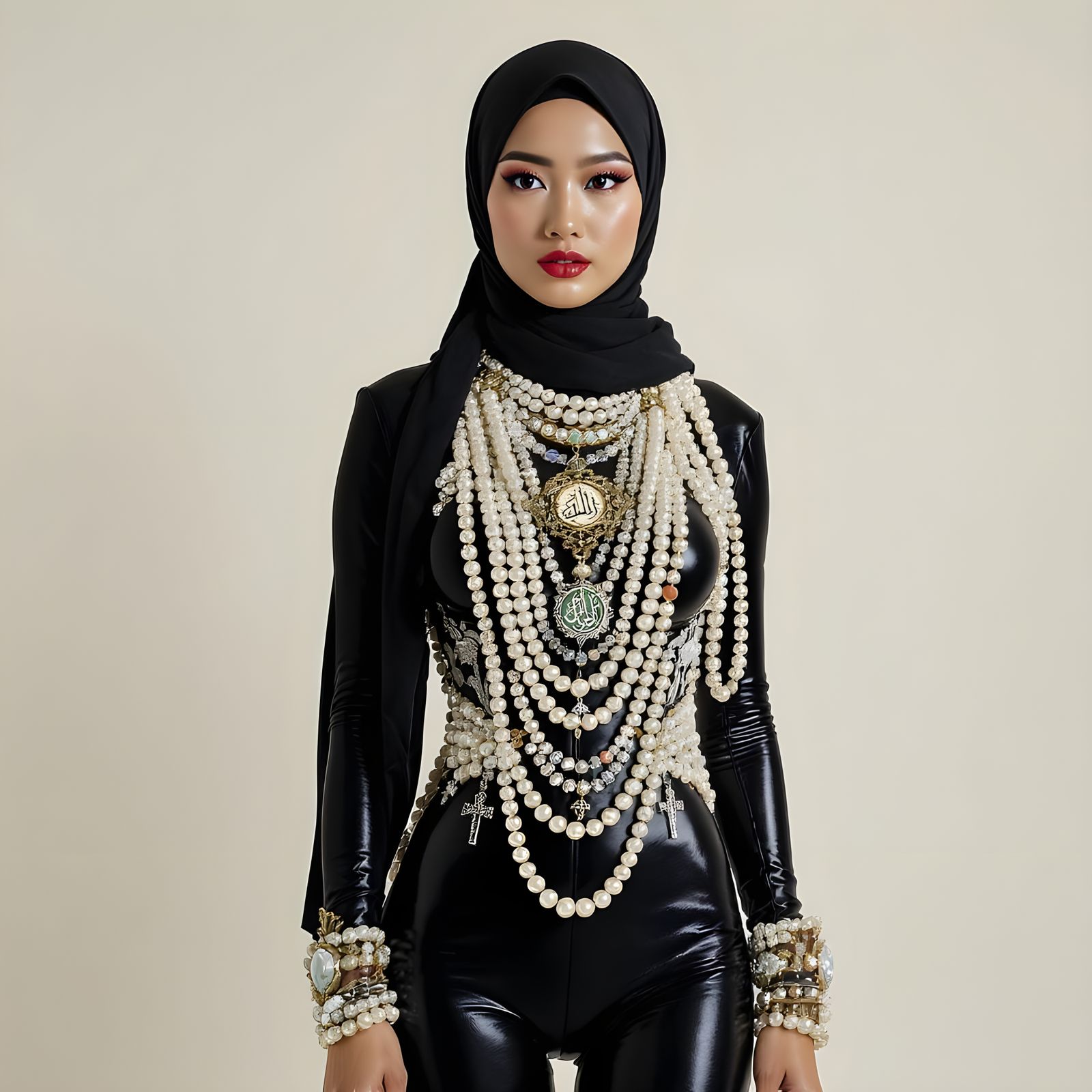 Asian Woman in Hijab with Pearl Body Chain