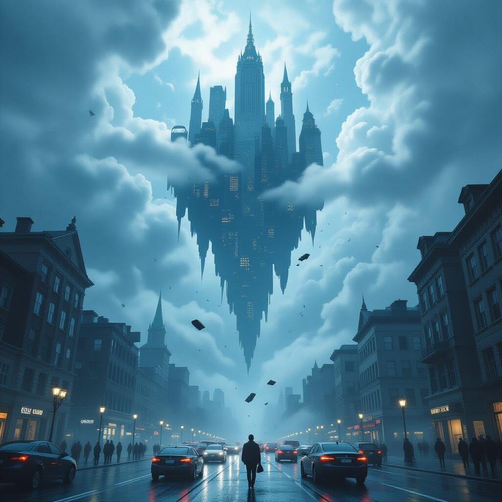 Upside-Down Cityscape in Digital Matte Painting Style