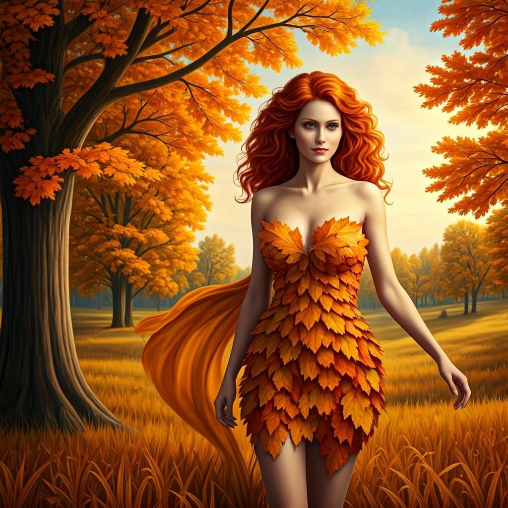Autumnal Women in Leaf Dresses: Hyperrealistic Art