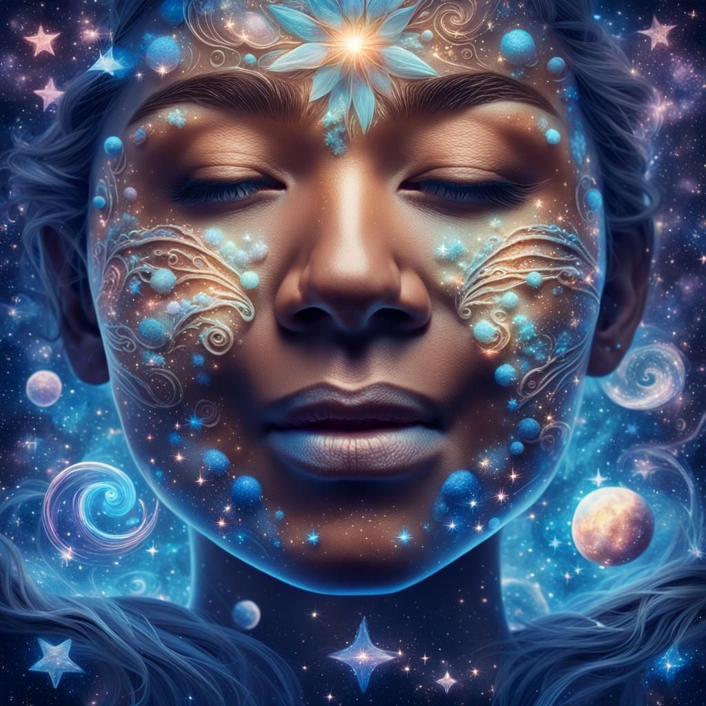 Celestial Portrait with Double Exposure in Kawaii Style