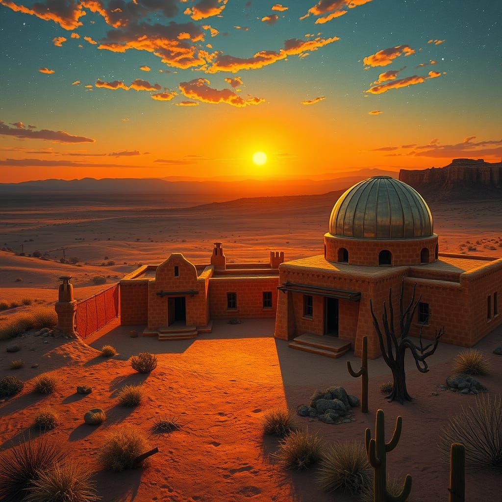 Adobe Astronomy Temple in Desert Sunset