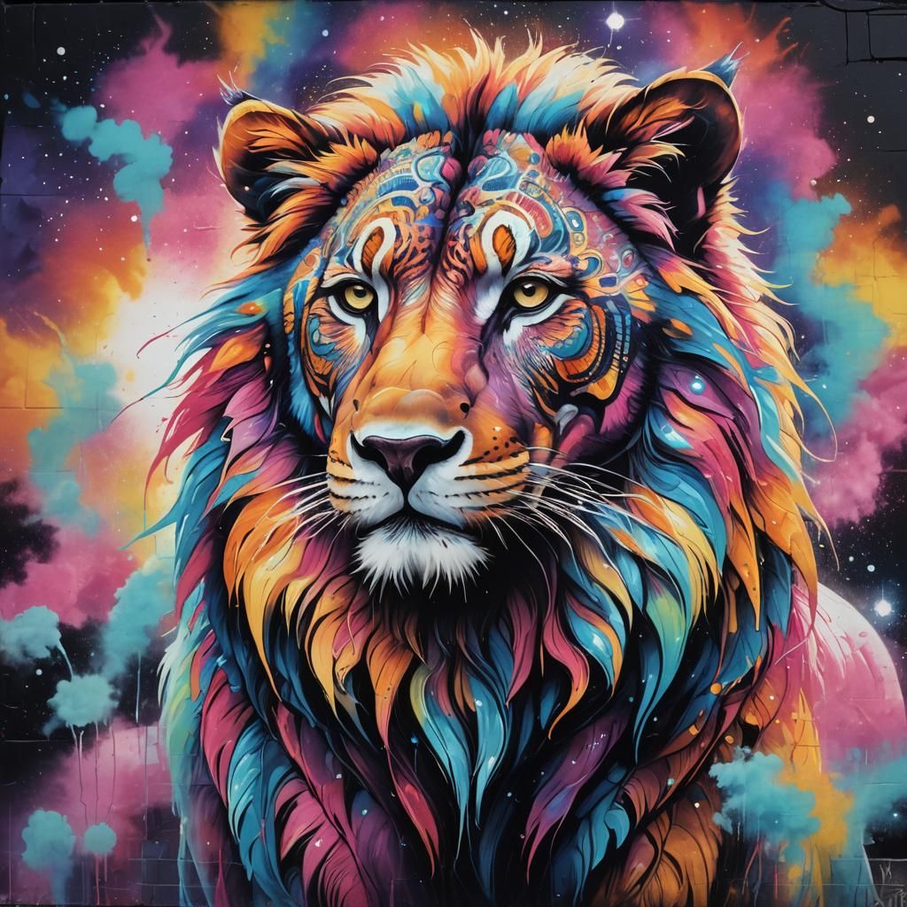 Vibrant Street Art Lion in Celestial Habitat