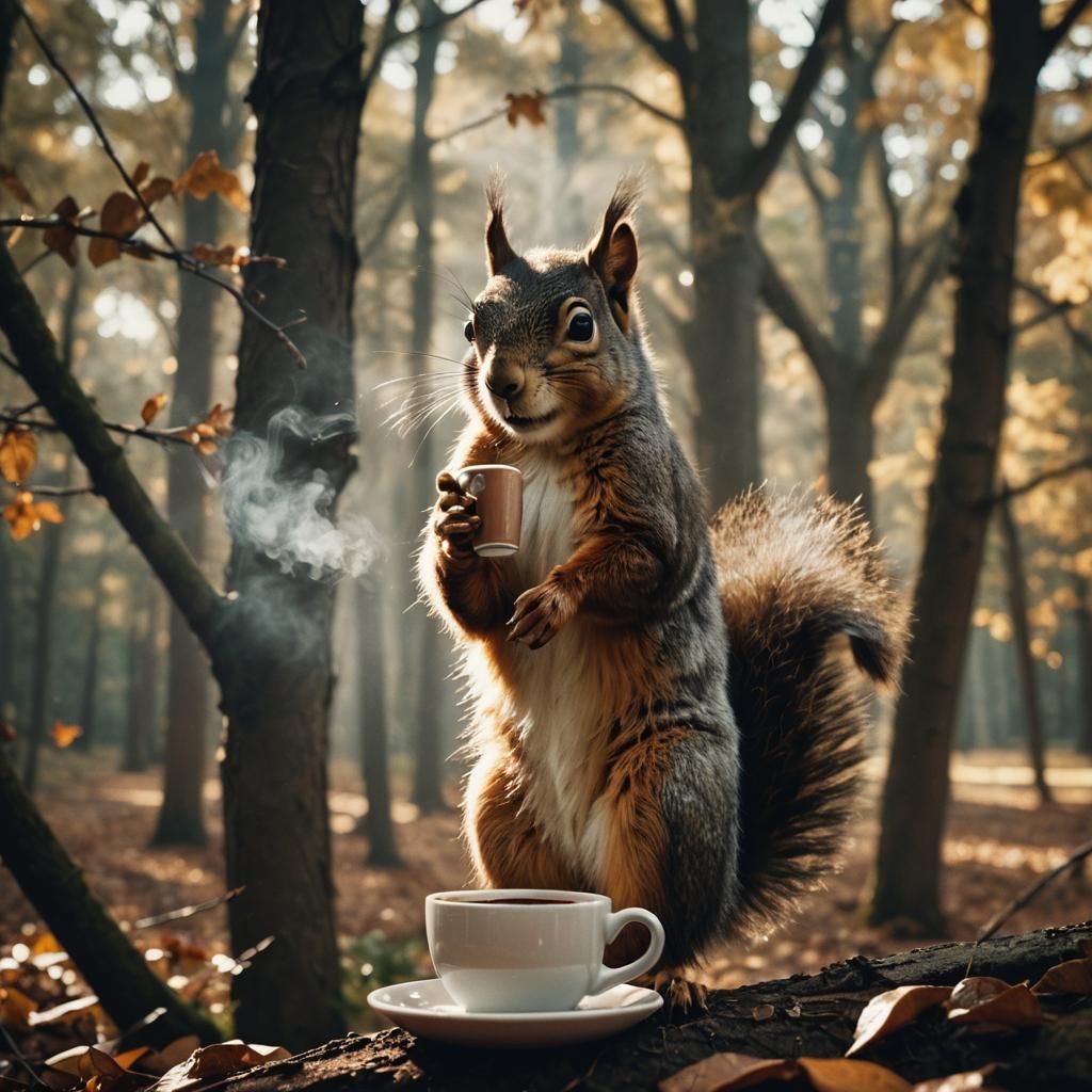 Squirrel's Coffee Break: A Cinematic Film Still