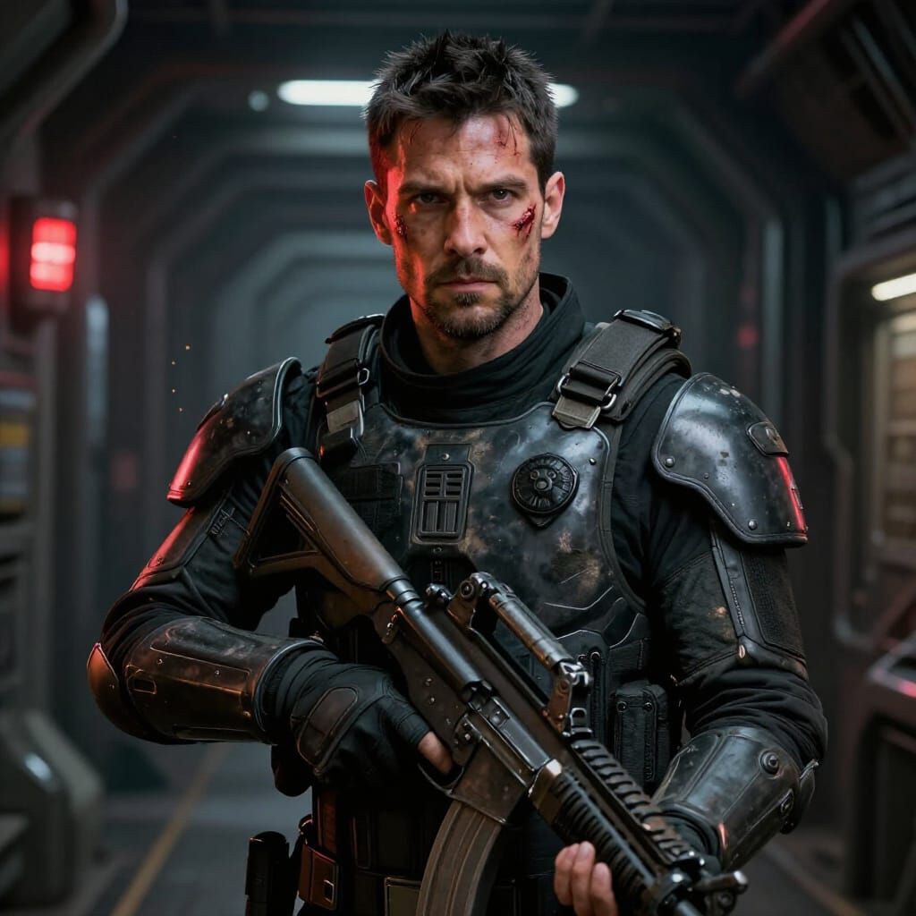 Gritty Sci-Fi Soldier in Tactical Armor Holding Rifle