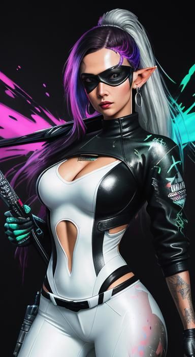 Cyberpunk Elf Warrior in Neon Graffiti Landscape