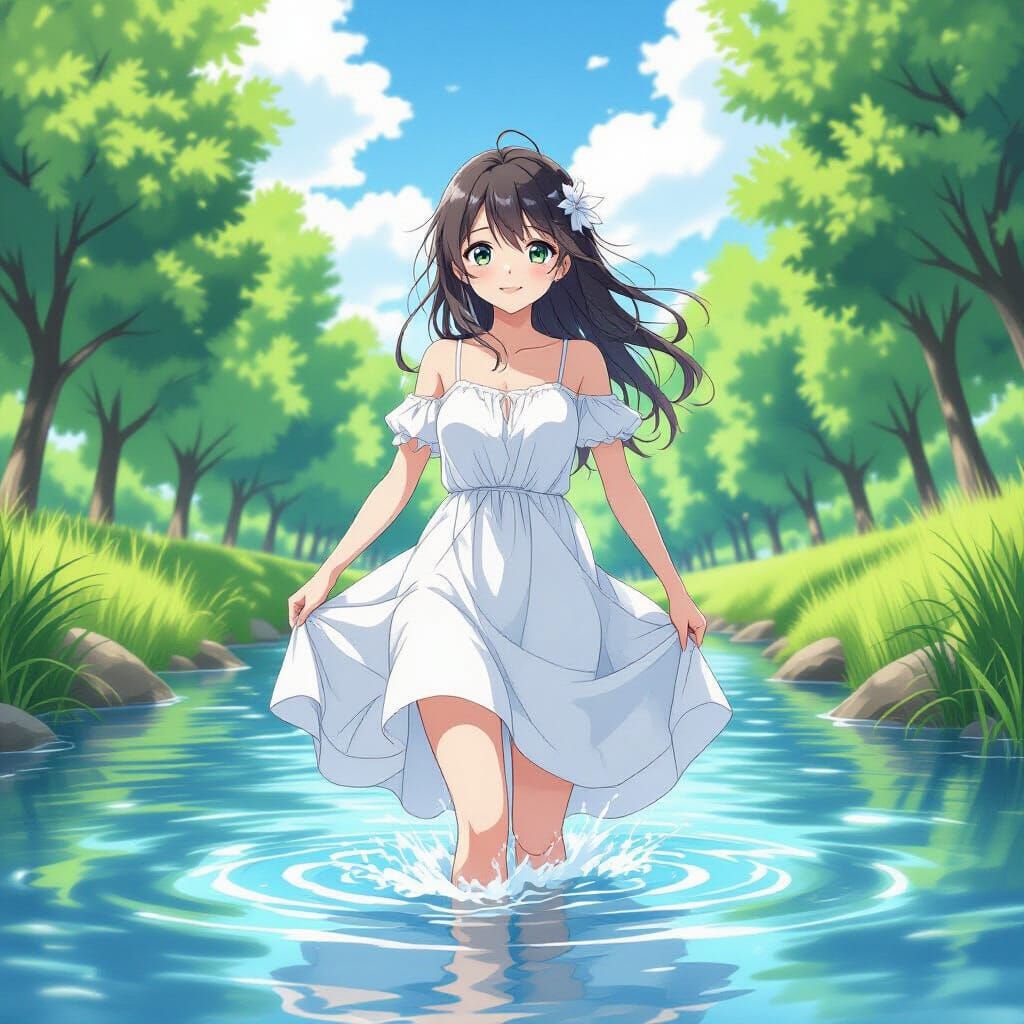 Anime Girl in White Dress Wading in Water