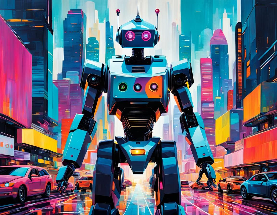 Abstract AI Robot in Futuristic Cityscape