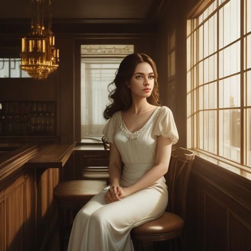 Elegant Woman in Parisian Brasserie: Cinematic Film Still