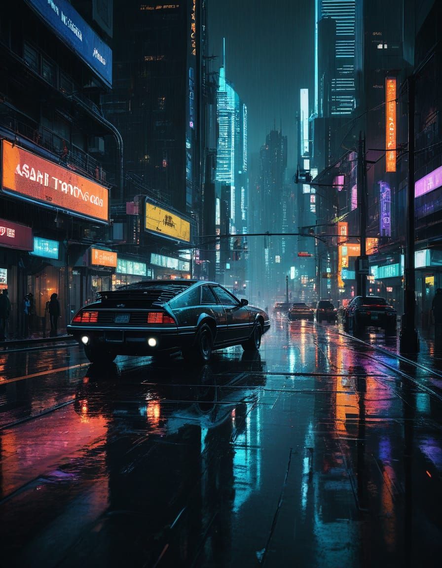 Futuristic Cityscape in Neon Noir Digital Art Style