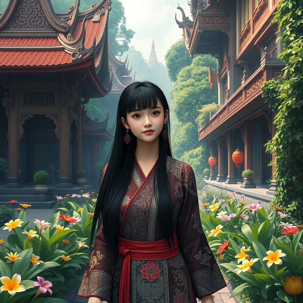 Serene Temple Scene in Traditional Thai Style