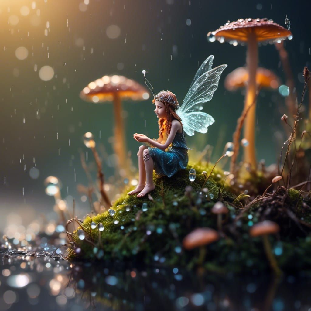Macro photography of a tiny fairy sitting on a mushroom. Dew...