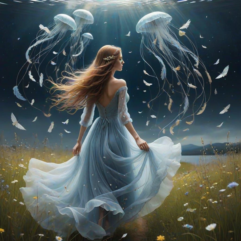 Ethereal Woman in Dreamscape with Melting Clocks