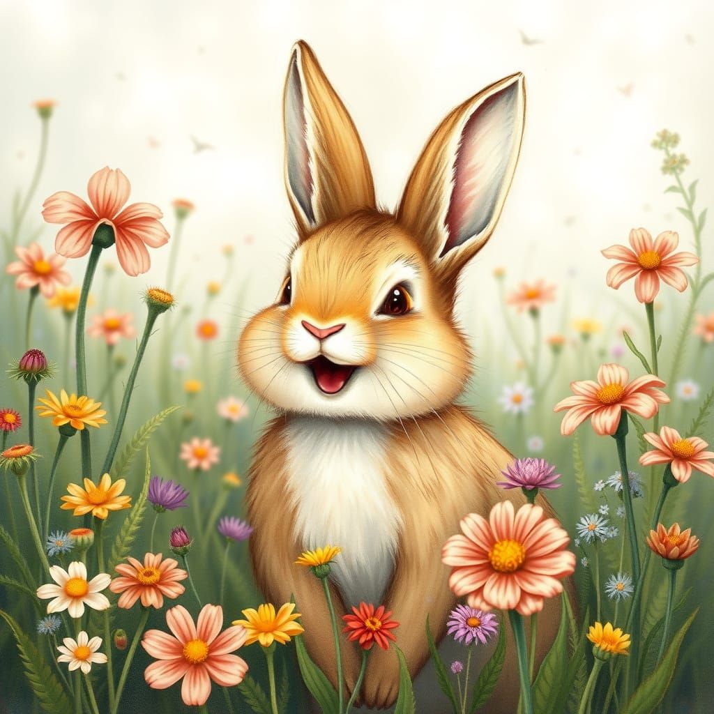 Joyful Bunny in Wildflower Meadow, Illustrated Style