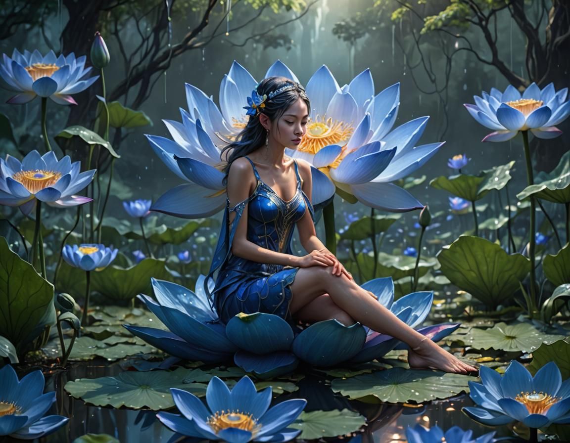 Fairy Greets the Dawn in Blue Lotus Flower