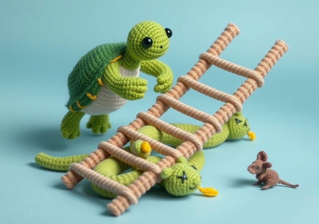Whimsical Crochet Turtle Saves Mouse in String World