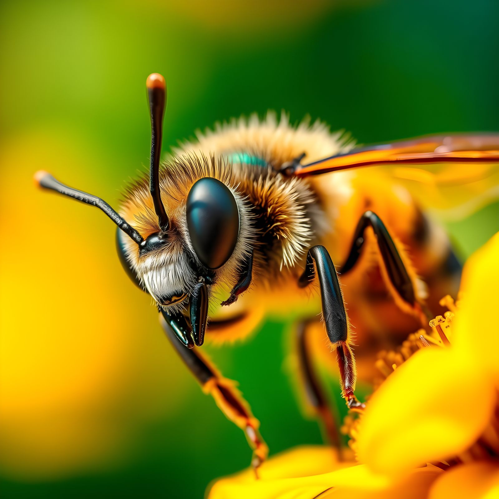 Close-Up Portrait of a Bee Collecting Nectar in Vibrant Sunl...