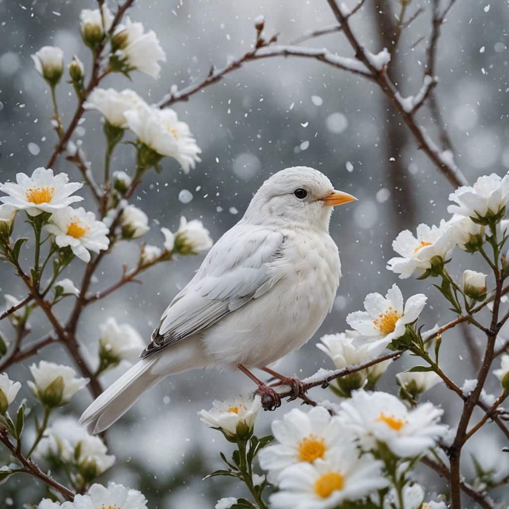 White Bird on Flower in Snow, Bioluminescent