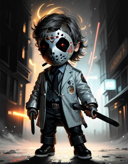 Adorable Chibi Jason in Dark Neon Cityscape