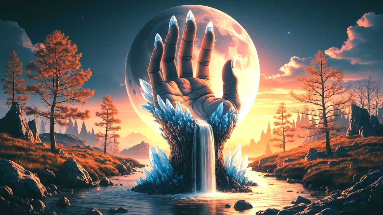 Surreal Moonlit Landscape with Waterfall and Crystal Hand