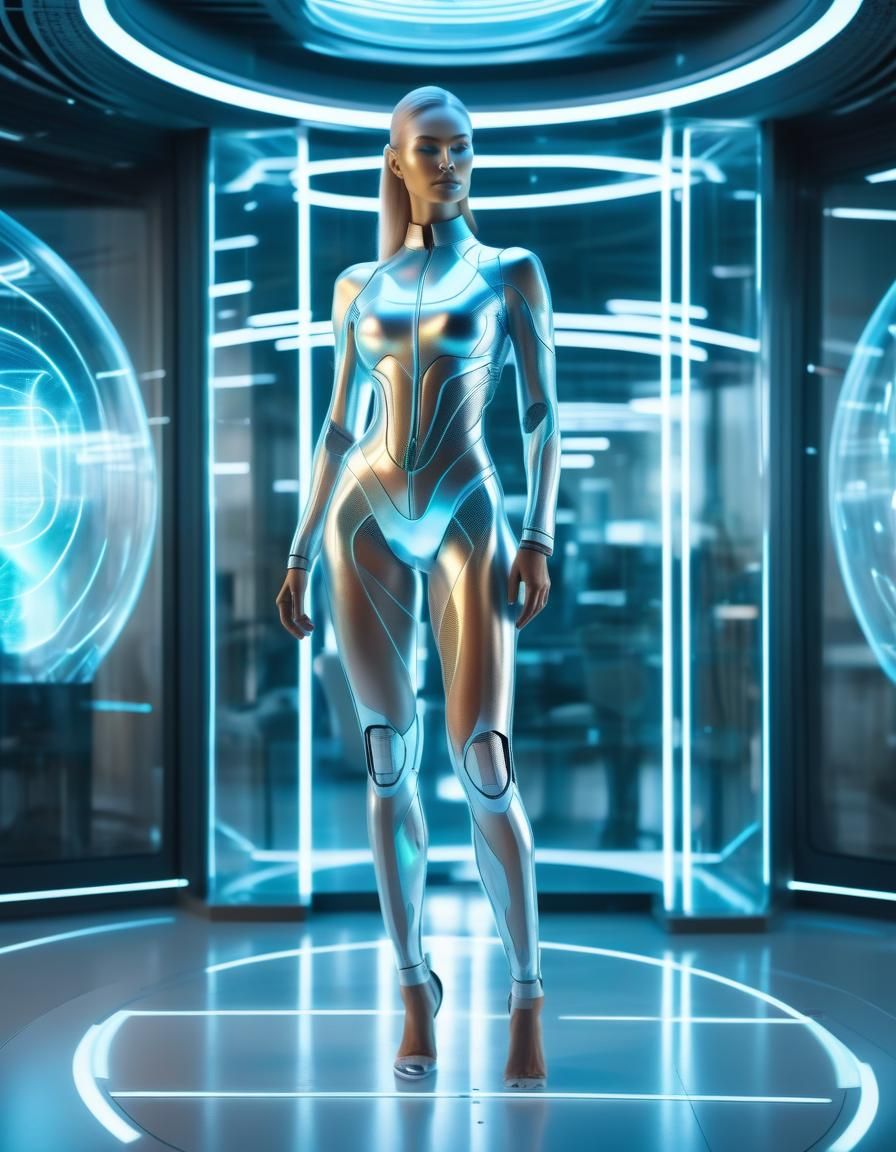 Holographic Translucent Woman in Futuristic HQ