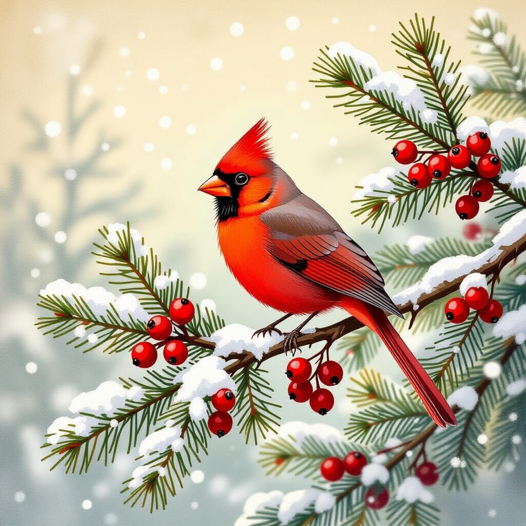 Festive Cardinal on Pine Branch with Berries and Snowflakes