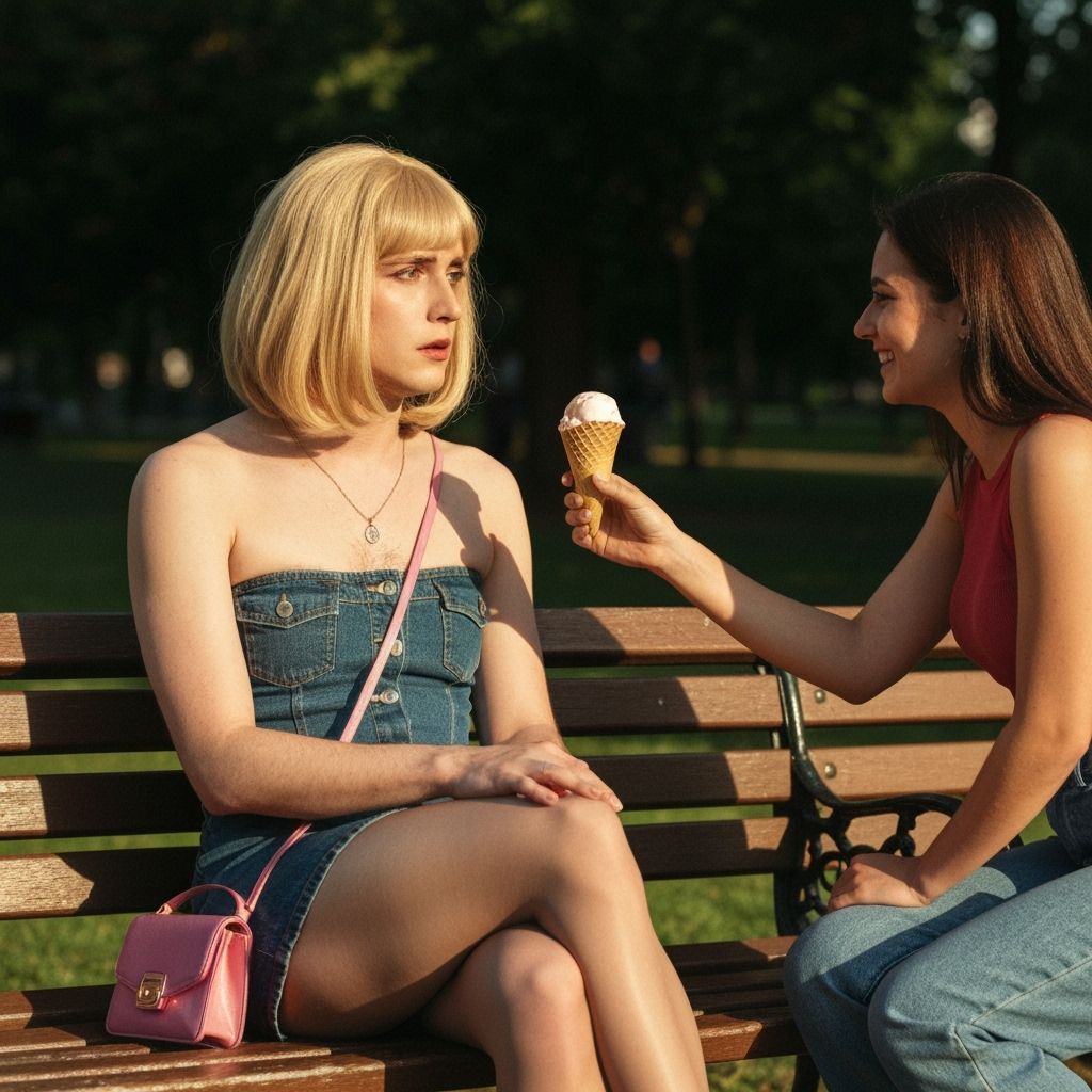 Man in Denim Dress on Park Bench with Ice Cream