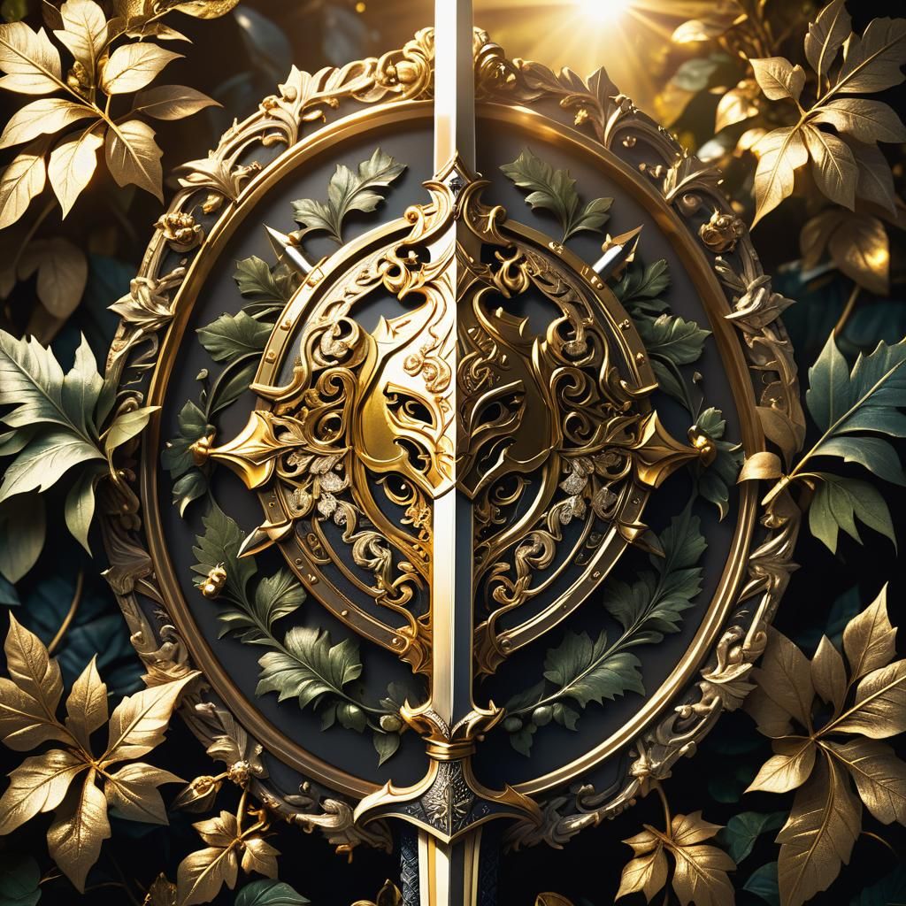 Golden Emblem with Sword and Knight Helmet