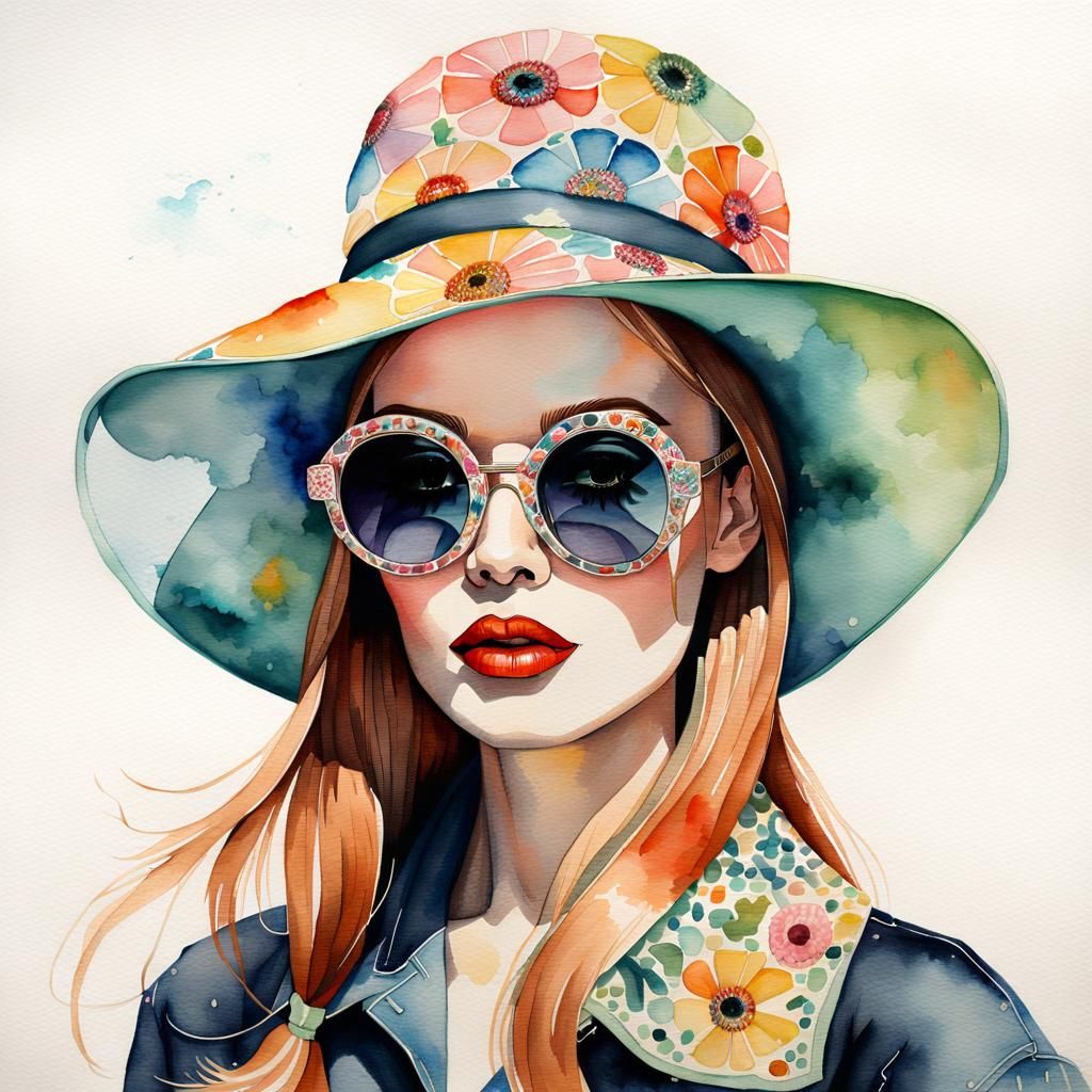 Woman in Sunglasses and Hat: Watercolor Painting