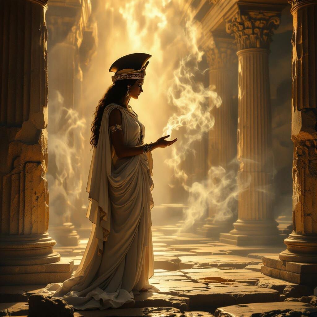Oracle at Delphi in Ethereal Temple Light