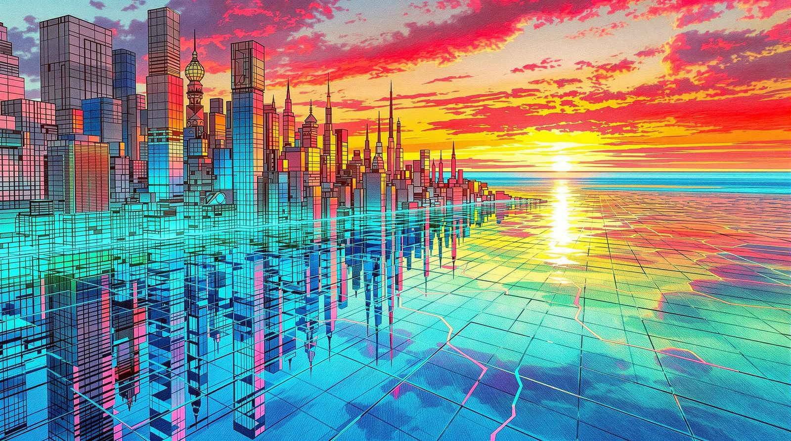 Glass Ruby City Reflections at Sunset in Pencil Style