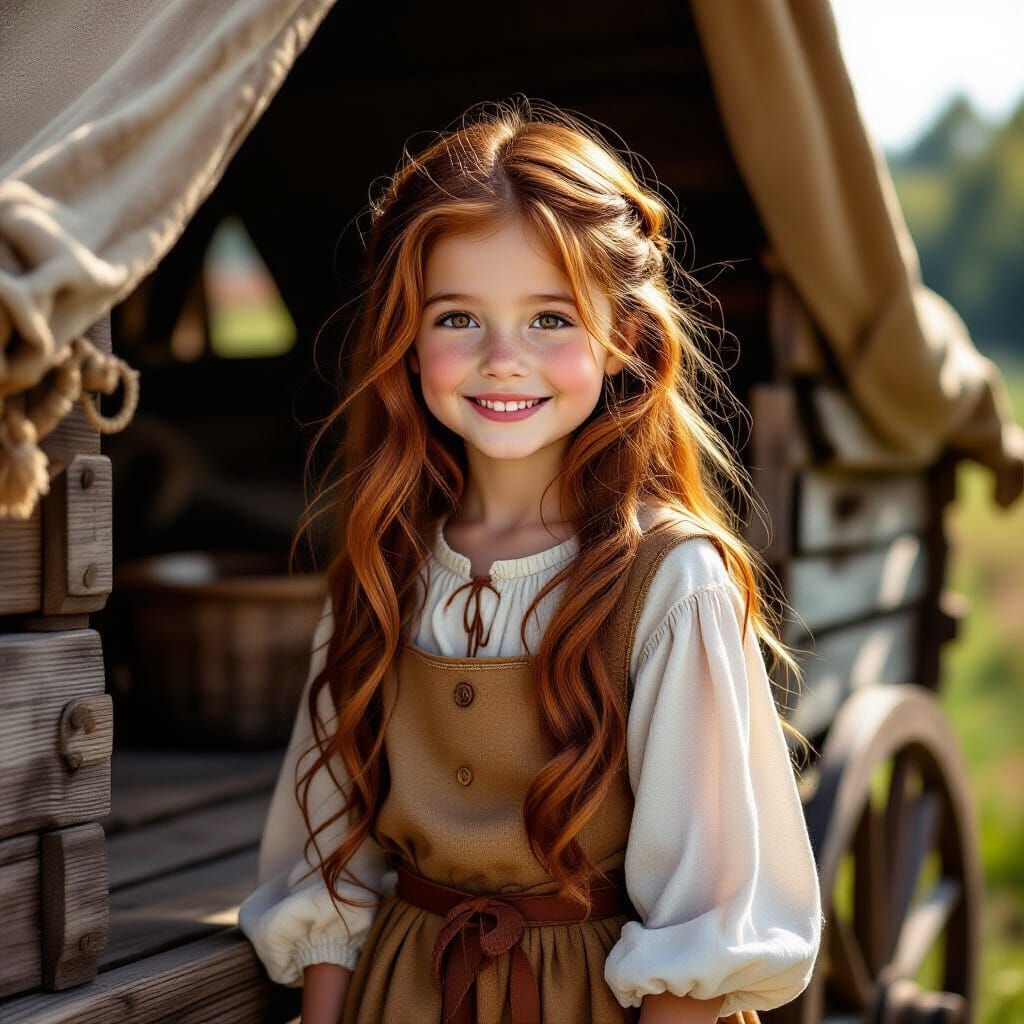 Joyful Girl on Wagon, Medieval Whimsical Illustration