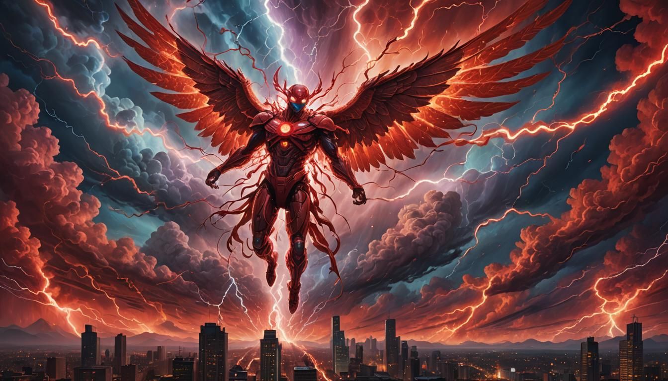 Winged Figure Soaring Through Electric Storm