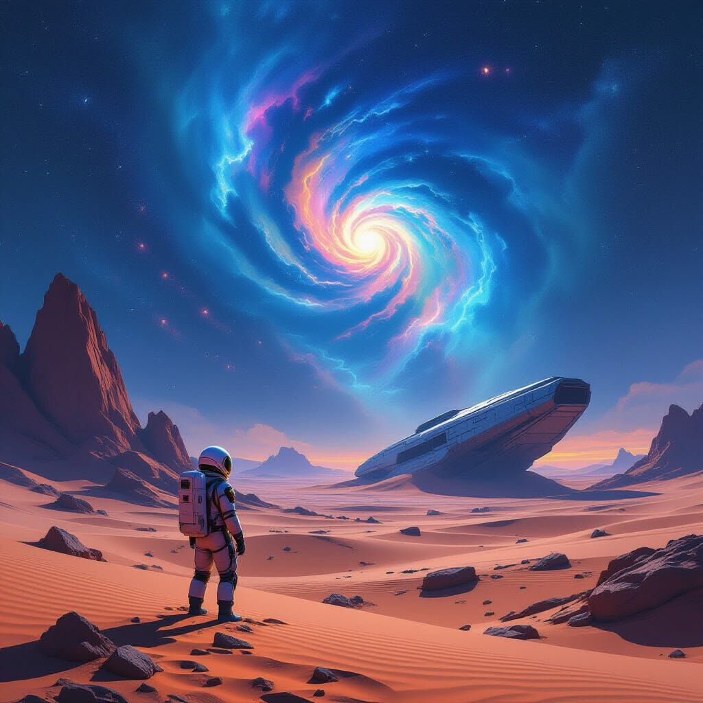 Astronaut on Alien Planet Gazing at Nebula in Concept Art St...