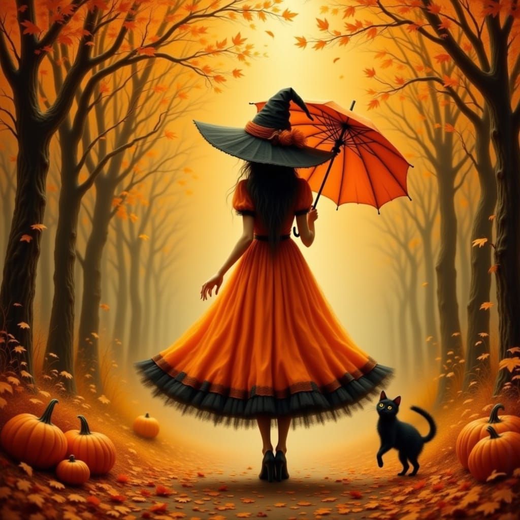Whimsical Witch in Autumn Forest, Elegant Art Style