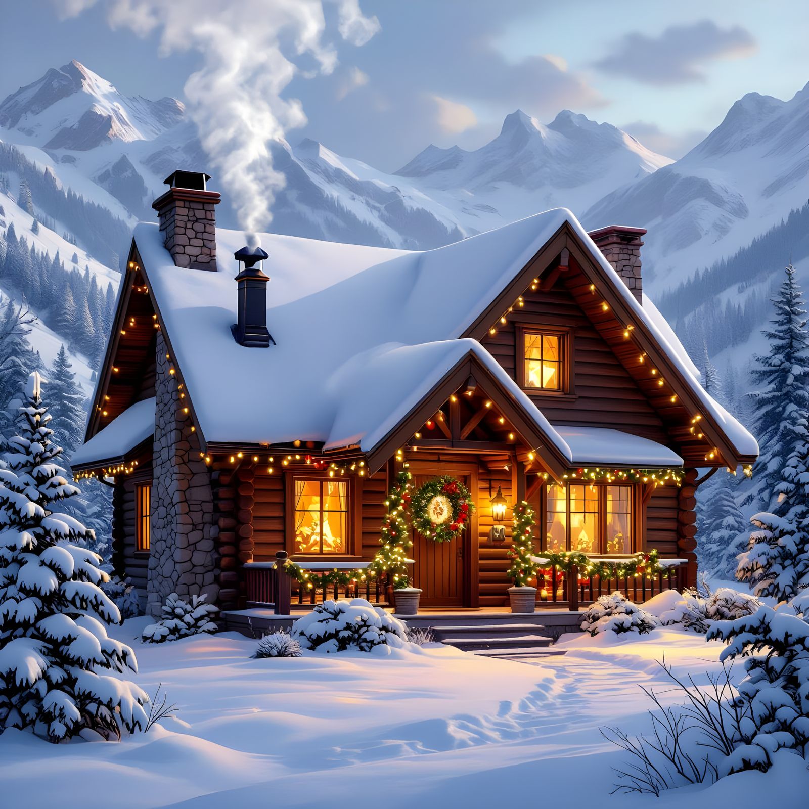 Cozy Snow-Covered Cabin in Festive Mountain Landscape