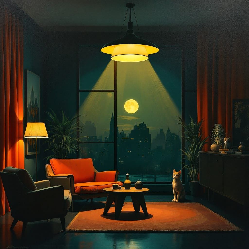 Cat Woman's Mid-Century Hideout with Eerie Glow