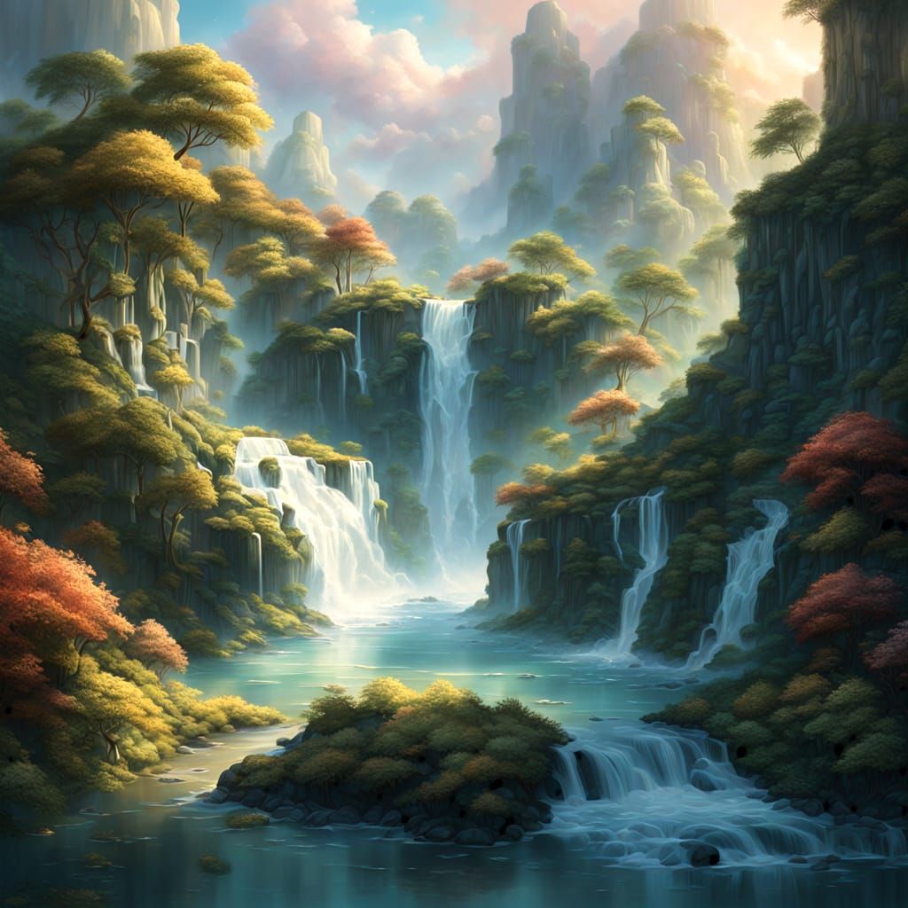 Ethereal Waterfall with Floating Isles in Dreamlike Fantasy ...