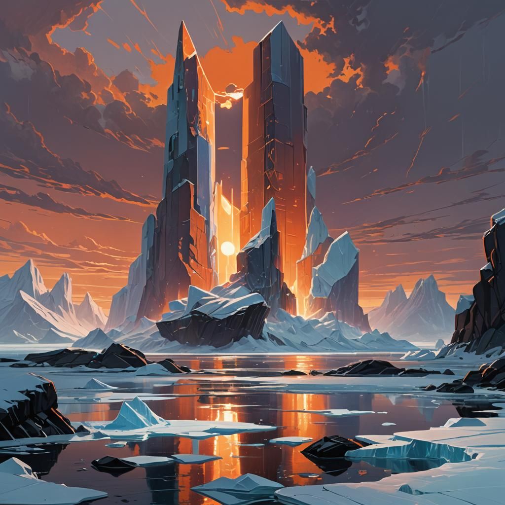 Majestic Iceberg Sunset in Retro-Futuristic Style