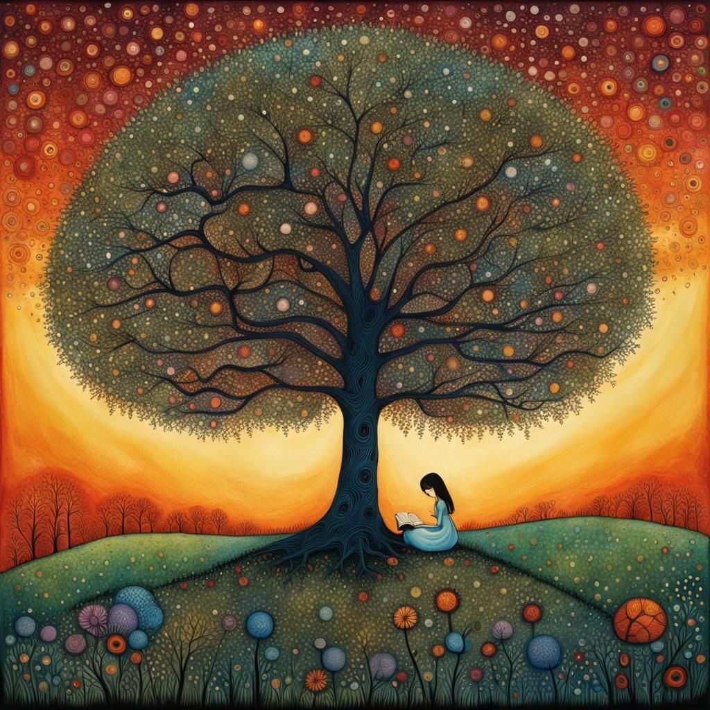 Girl Reading with Rabbit in Surreal Watercolor Style