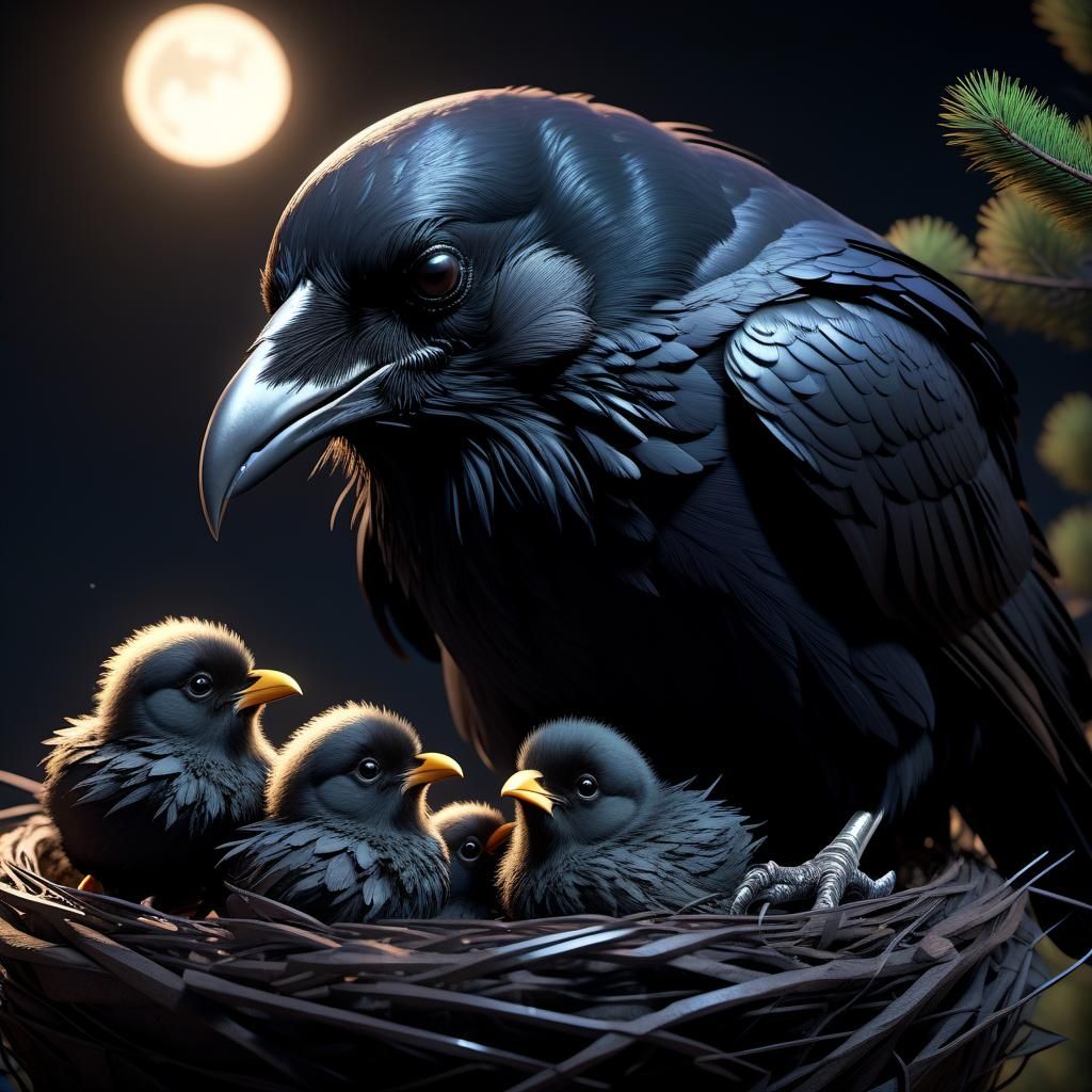Raven Feeds Chicks: 3D Game Cinematic