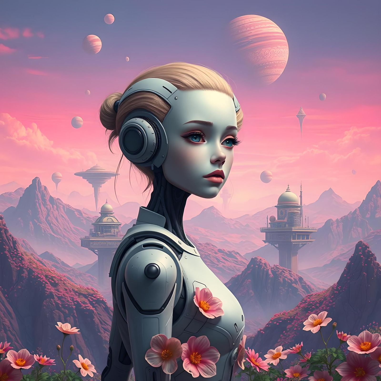 Melancholy Cyborg Girl Gazing at Alien Landscape