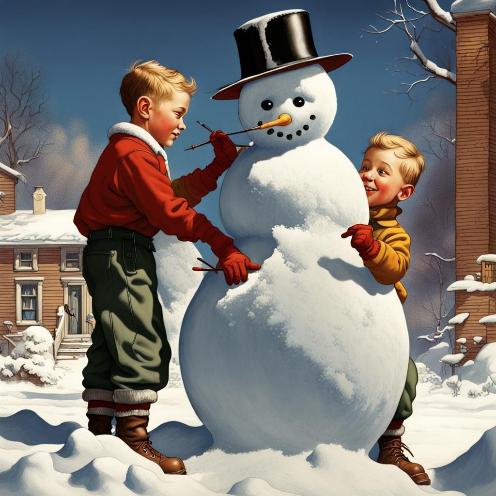 Brothers Building Snowman in Rockwell Style, 1950s