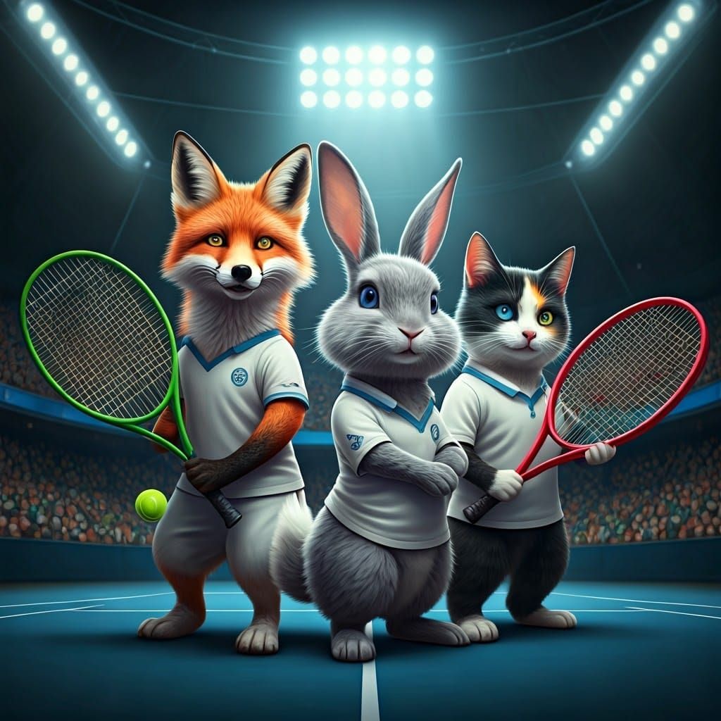 Animal Tennis Team in Stadium, Detailed Digital Art