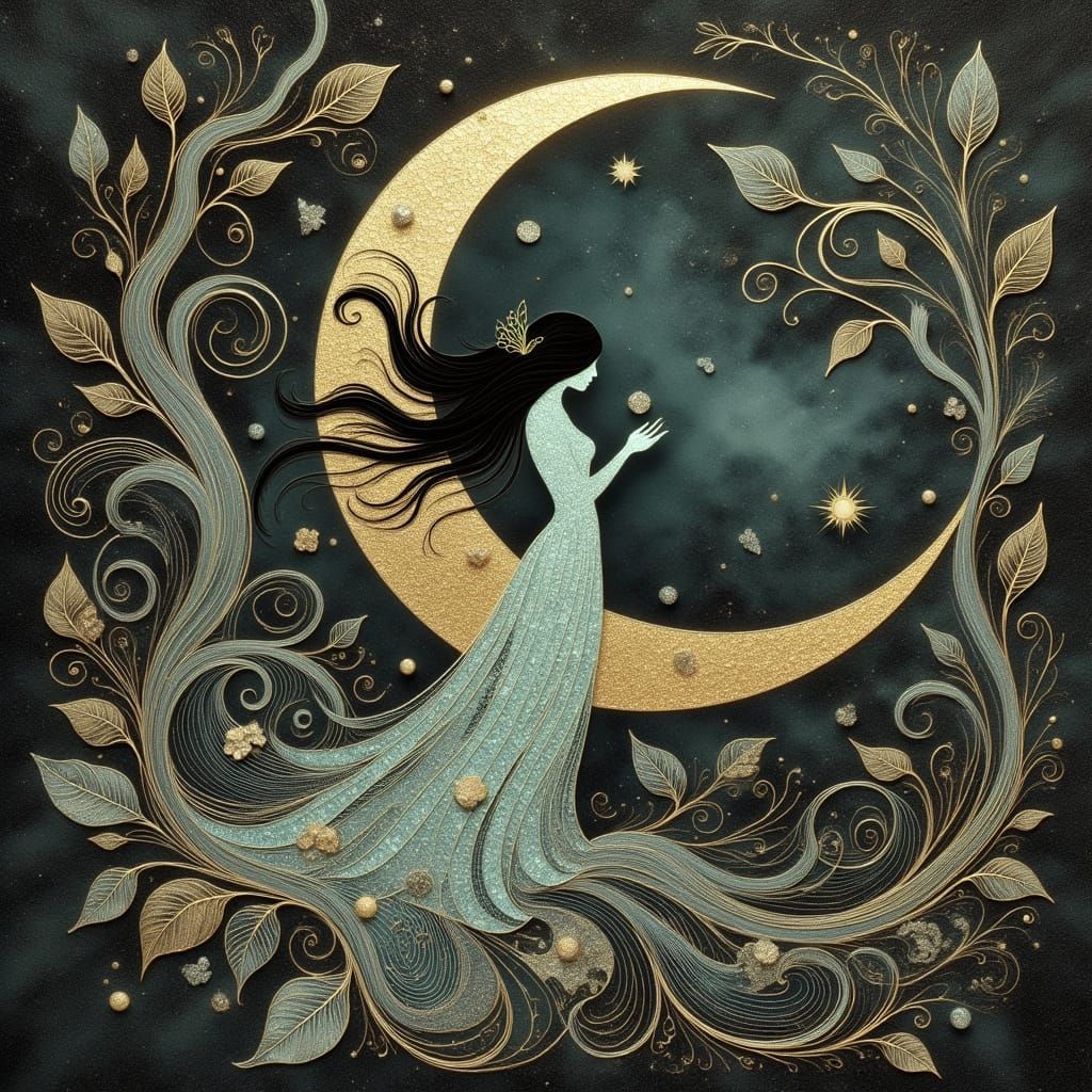 Ethereal Woman in Moonlit Forest, Art Nouveau Style