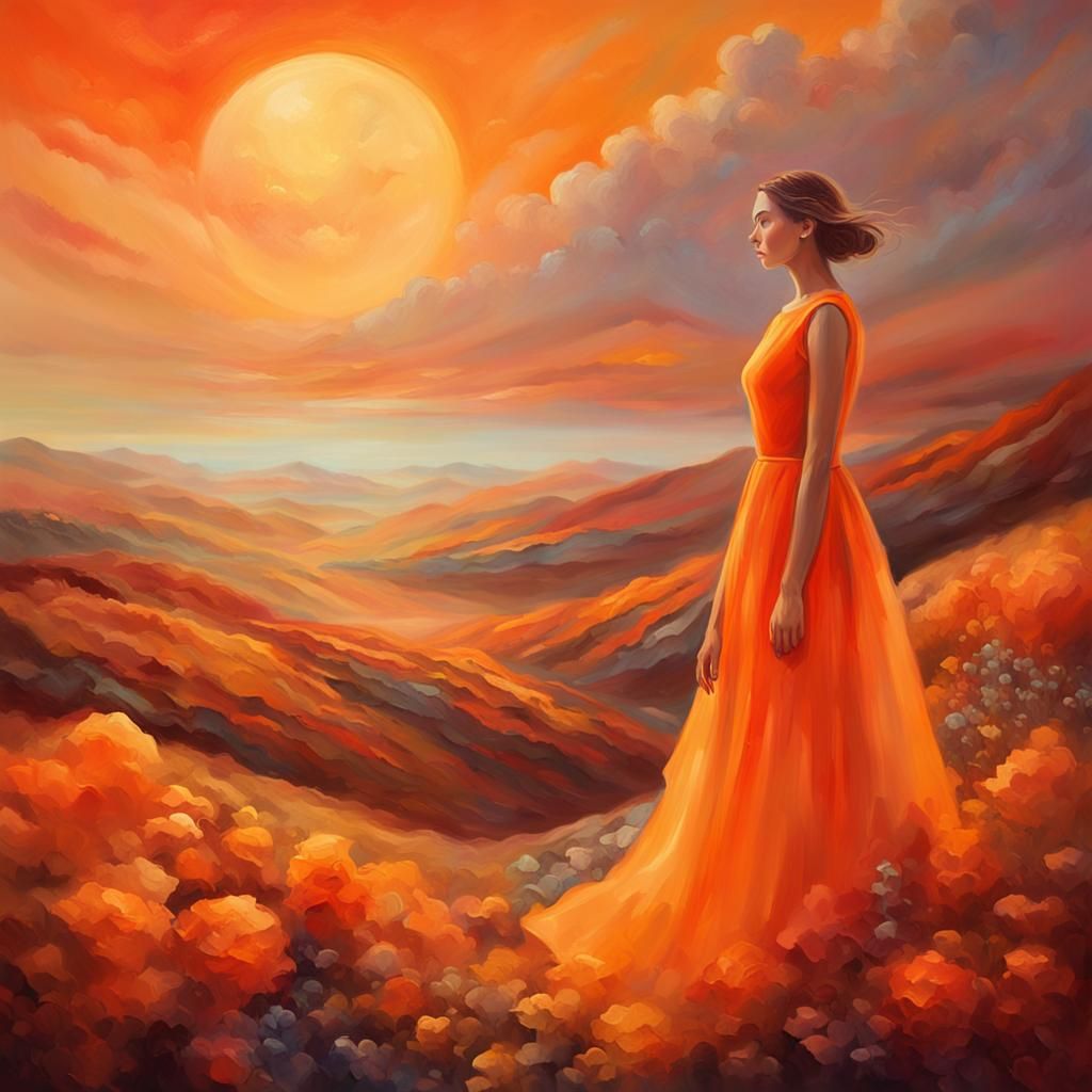 Orange Surrealism: Woman in Dreamlike Landscape