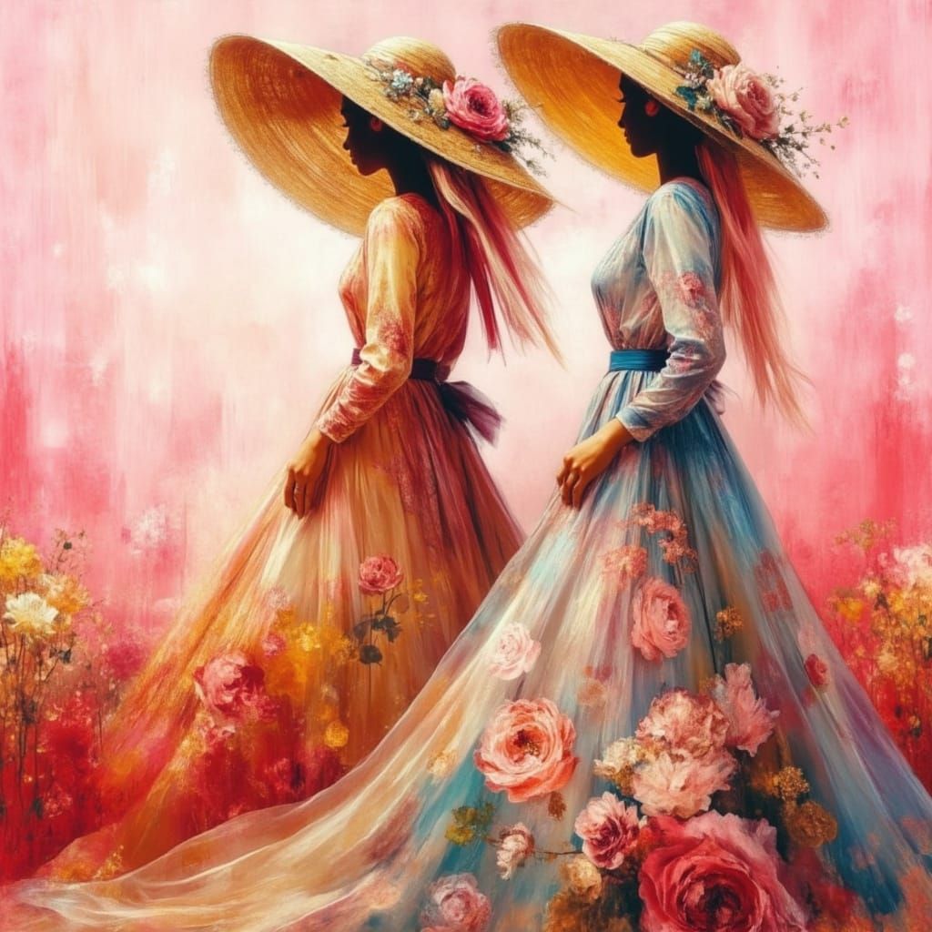 Elegant Women in Garden, Impressionist Oil Painting